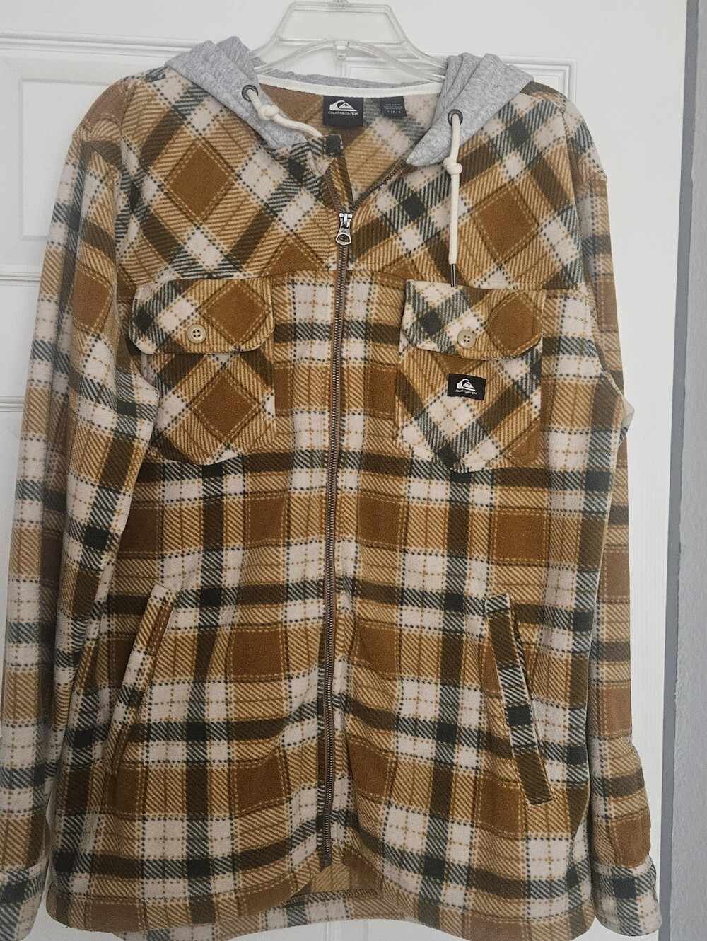 Quiksilver Plaid Hooded Zip Jacket in Mustard, White & Black